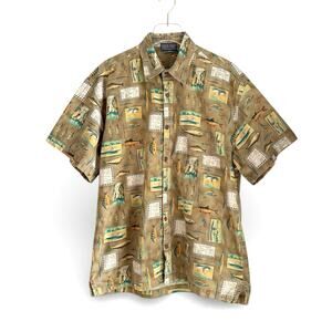 High Seas Trading Co. Fish Theme Shirt Green Cotton Men XL Rods Fly Fisherman